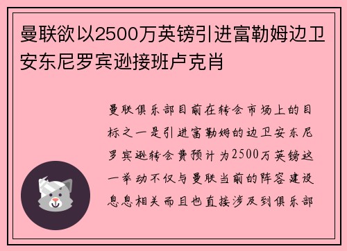 曼联欲以2500万英镑引进富勒姆边卫安东尼罗宾逊接班卢克肖