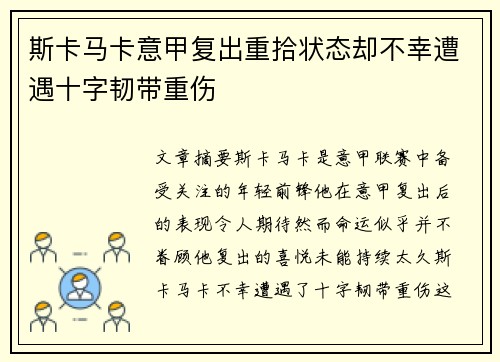 斯卡马卡意甲复出重拾状态却不幸遭遇十字韧带重伤 斯卡马卡意甲复出重拾状态却不幸遭遇十字韧带重伤