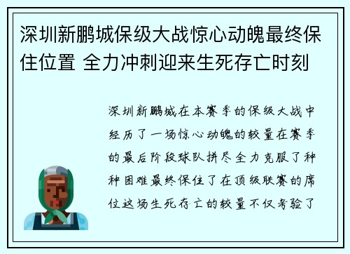 深圳新鹏城保级大战惊心动魄最终保住位置 全力冲刺迎来生死存亡时刻 深圳新鹏城保级大战惊心动魄最终保住位置 全力冲刺迎来生死存亡时刻