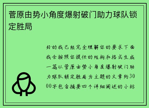 菅原由势小角度爆射破门助力球队锁定胜局